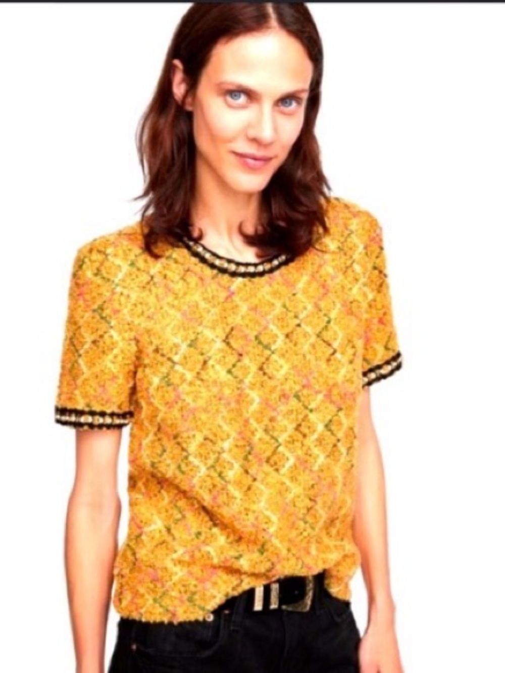 Zara Mustard Short-Sleeve Textured Knit Top with Multicolor Diamond Pattern